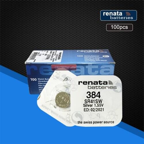 100pack Renata Swiss Battery 384 SR41SW 1.55V for Watch Silver 384 SR41SW RENATA Watch Batteries