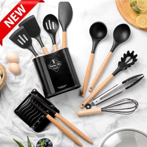 13PCS Silicone Cutlery Set Kitchen Cooking Sets Soup Spoon Spatula Non-Stick Shovel With Wooden Handle Kitchenware Utensils Sets