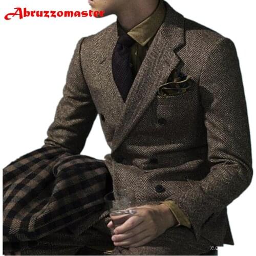Abruzzomaster Brown Tweed Men Suits Designs Jacket Tuxedo Custom Style Suits Groom Prom Blazer 2 Piece Harringbone Wedding Suits