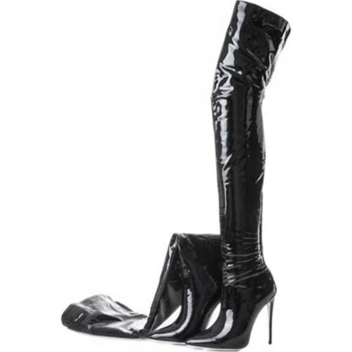 Black Leather Over The Knee Boots Shoes Woman Pointed Toe Sexy Boots Big Size 43,44,45,46,47 Stiletto Heel High Heel Boots