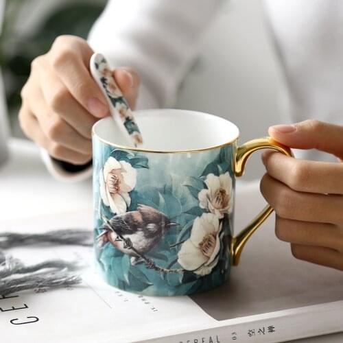 Cuckoo Bird Gold Bone China Mug Large-capacity Ceramic Breakfast Cup Office Cup Creative Coffee Cup With Spoon Gift Cup