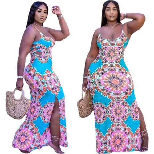 Cutubly Casual Long Dresses Plus Size S-4Xl Spaghetti Strap Dress Floral Print Slit Long Dress Women Sleeveless Summer