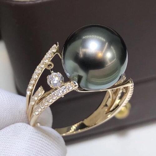 D528 Pearl Ring Fine Jewelry Solid 14K Gold Round 12-13mm Nature Sea Water Tahiti Black Pearls Rings for Women Presents