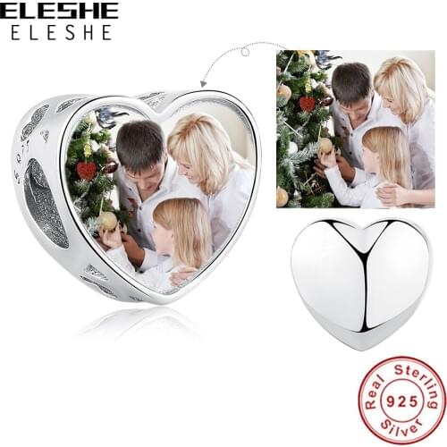 ELESHE 925 Sterling Silver Heart Charms Beads Fit Original Bracelet Personalized Custom Photo Charm DIY Jewelry Christmas Gift