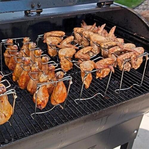 BBQ Beef Chicken Leg Wing Grill Rack 14 Slots Stainless Steel Barbecue Drumsticks Holder Smoker Oven Roaster Stand With Drip Pan