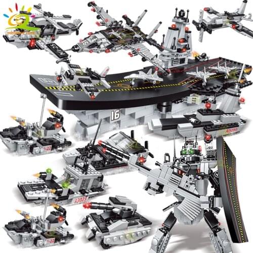 HUIQIBAO 1080pcs 8in1 Aircraft Warship Cruiser Building Blocks Military Army Ship Robot Bricks City Construction Children Toys