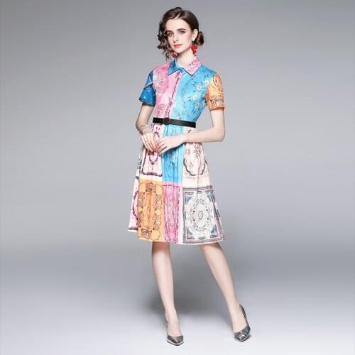 Summer Midi Dresses New Sweet Style Square Collar Scarf Print Lapel High Waist Shirt Dress Tie Flowers Knee-Length Vintage Dress