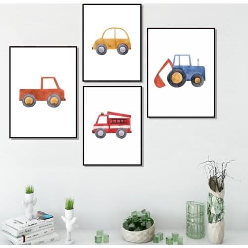Cute Machine Boys Blue Tractor Fire Truck Canvas Paintings Wall Art Pictures Gift Posters And Prints For Kids Room Home Decor