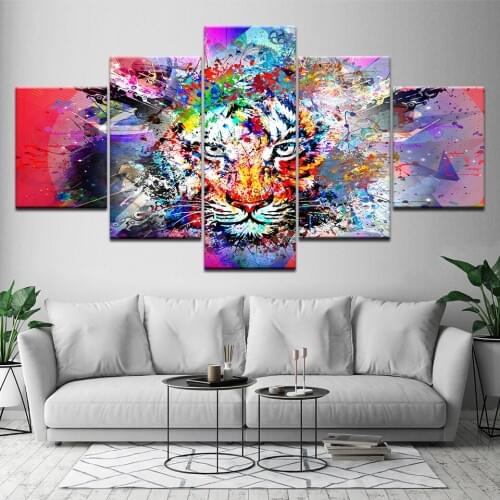 Multicolor splashing tiger portrait 5 Piece Wallpapers Art Canvas Print modern Poster Modular art painting for Home Decor