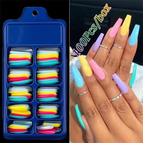 100 Pcs/box Multicolor Long Coffin Nails Full/Half Cover Acrylic Ballerina False Nail Tips Artificial Fake Nails Press On Nails