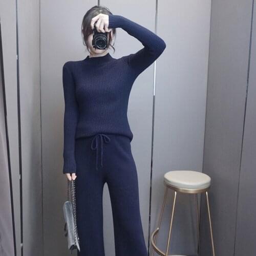 2020 New Time-limited O-neck Winter Warm Cashmere Suit Women Slim Round Neck Striped Sweater Thick And Wide Leg Pants Two 95