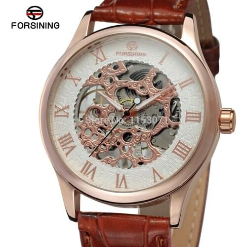 NEW FORSINING FSG8094M3R1 Rose gpld color case silver color, with rose gold color roman numbers,skeleton black leather band