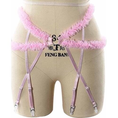 Original Design Harness Garter Belt Pink Wedding Stockings Garter Bondage Leg Harness Women Sexy Lingerie Rave Body Cage Belt