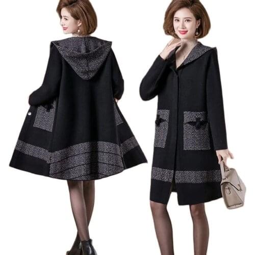 Middle-Aged Mothers Autumn Winter Hooded Woolen Jacket Womens Mid-Length Plus Size 5XL Woolen Coat Femme Knitted Tops