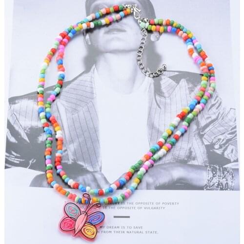 Europe and America Popular Casual Style Colorful Soft Pottery Disc Necklace Women Fashion Bohemia Butterfly Pendants Necklaces