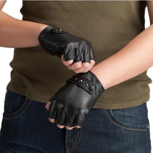 Kursheuel Brand Men Genuine Leather Gloves Sheepskin Leather Fingerless Gloves Black White Driving Gloves KU-083
