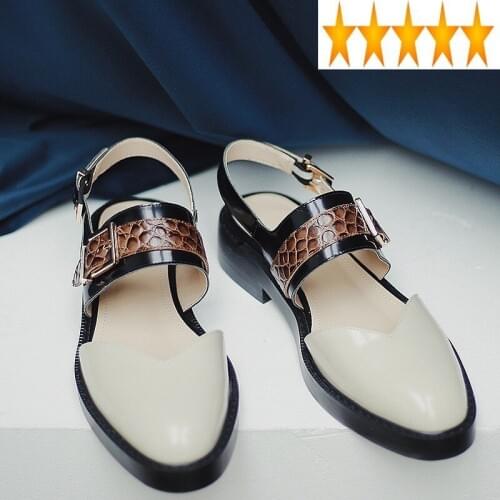 Genuine Vintage Women Buckle Strap Round Toe Shoes Casual Low Heels Ladies Retro Sandals Leather Sandalias Mujer