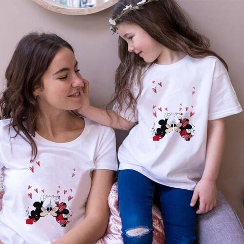Harajuku Kawaii T Shirt Women Mickey Minnie Kiss Men Tshirt Funny Cartoon Children T-shirt Cute Anime Famliy Look Top Dropship