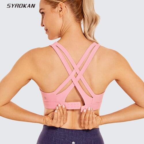 SYROKAN Womens Sexy Stappy Sports Bras Heartbeat Powder Wireless Padded Workout Yoga Bra Tops