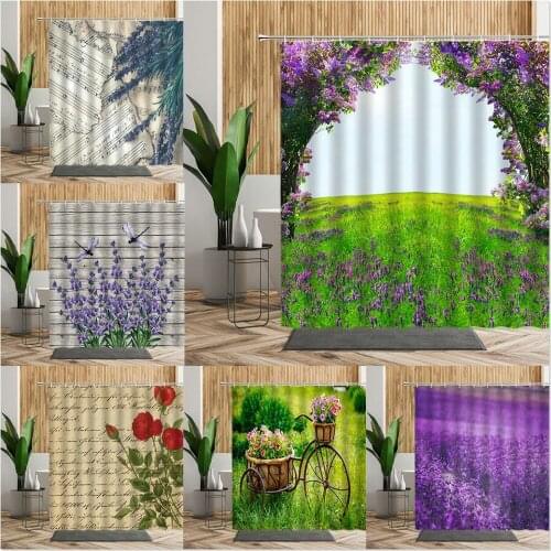 Purple Flower Green Plant Scenery Shower Curtain Lavender Rose Floral Print Bathroom Decors Product Bath Curtains Hanging Fabric