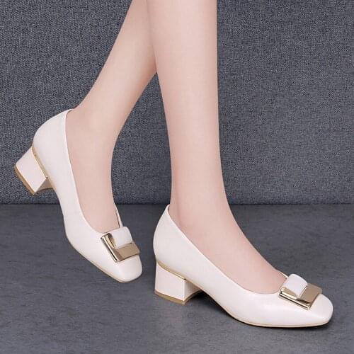Genuine leather womens shoes Sheepskin new mid-heel shoes ladies fashion casual shoes square toe high heels Shallow Sheepskin