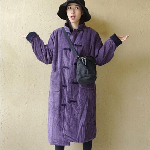 SCUWLINEN 2020 Women Outerwear Parka Vintage Chinese-style Corduroy Cozy Loose Thicken Warm Cotton-padded Long Coats P162