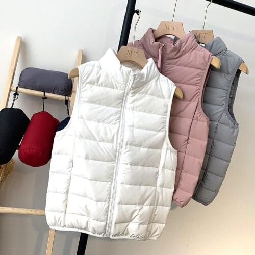 Women Light White Duck Down Vest New Autumn Winter Warm Sleeveless Waistcoat Parka Ladies Stand Collar Down Coat Short Tops 2192