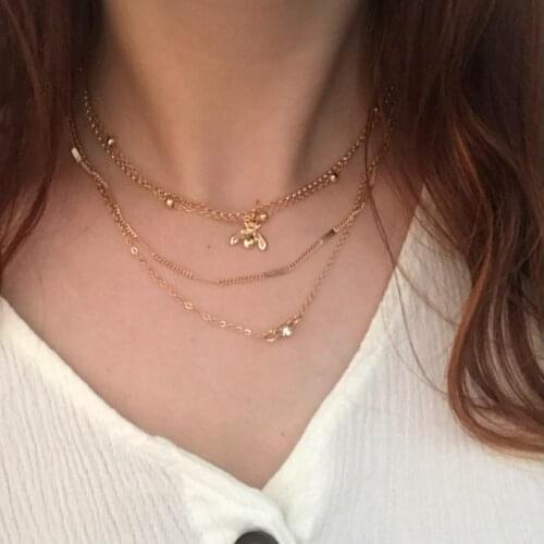 Girly Fashion Jewelry Gold Color Plating Honey Bee Clear Stone Small Charm Delicate Necklace For Women Layered Decoration Set