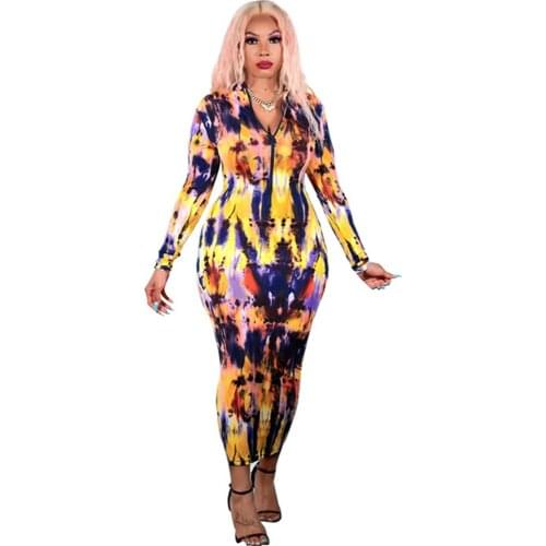 RStylish 2021 Autumn Tie Dye Print Women Elegance Long Sleeve Front Zipper Casual Bodycon Maxi Dress With Belted