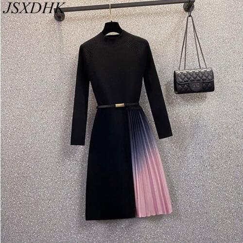 2021 New Elegant Autum Winter Knitted Patchwork Gradient Pink Pleated Dress Plus Size Women Stand Collar Sweater Dress With Belt
