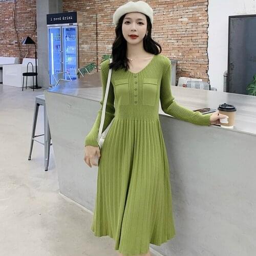 High Quality Brand Designer Dress Women Big Swing Knitted Sweater Dress Ladies Green Black Autumn Winter Dress 2019 Vestidos
