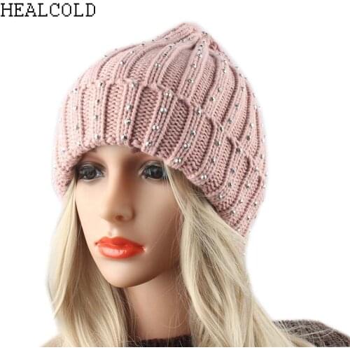 Winter Warm Hats For Women Thick Knitted Rhinestone Beanies Ladies Casual Caps Outdoor Skullies Hat