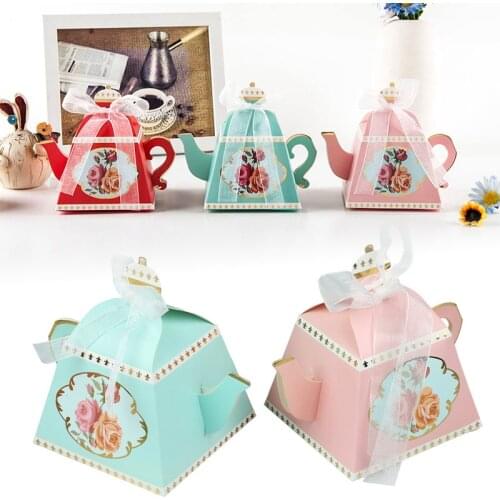 10pcs Teapot Shape Candy Boxes Wedding Gift Box Paper Birthday Christmas Favor Present Boxes Packing with Ribbon Party Supplies