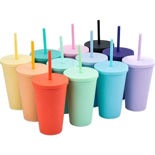 10pcs / lot Hot Selling Candy Color Double Layer Plastic Straw Cup 16OZ Coffee Cup Plastic frosted water cup