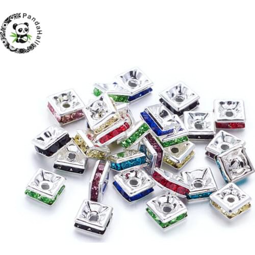 100 pcs Brass Rhinestone Spacer Beads Square Nickel Free Beads For Jewelry Making Silver Color About 5*5*2.5mm Hole: 1mm