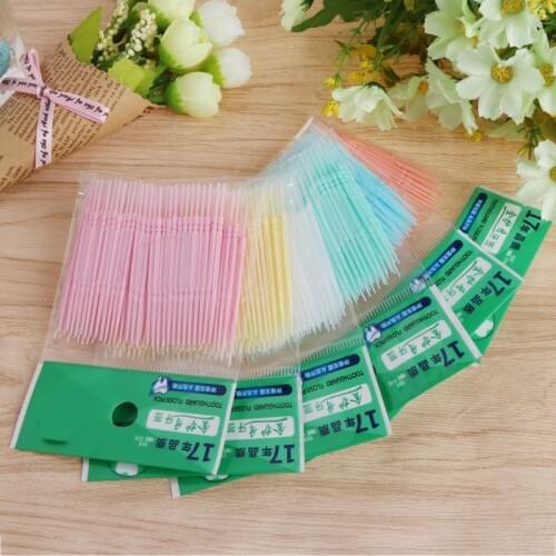 100Pcs/Lot Soft Plastic Double-headed Brush Stick Floss Pick Toothpick Oral Care