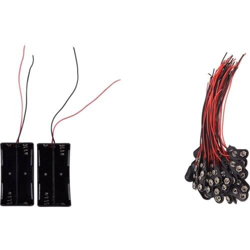 2Pcs 2 X 18650 3.7V Battery Holder Case with Wire Leads & 50 Pcs 2 Wire Terminals 9V Batteries Clip Connectors Holder