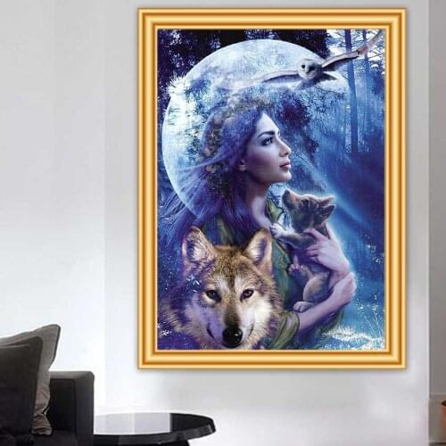 5D DIY Diamond Painting Wolf Girl landscape Cross Stitch Full Drill Diamond Embroidery Mosaic Art Picture of Rhinestones Decor