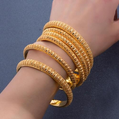 6-8 mm wide 6pcs Ethiopian Jewelry Gold Color Bangles For Women Girl Dubai Gold Bangles African Bracelets Women Gifts
