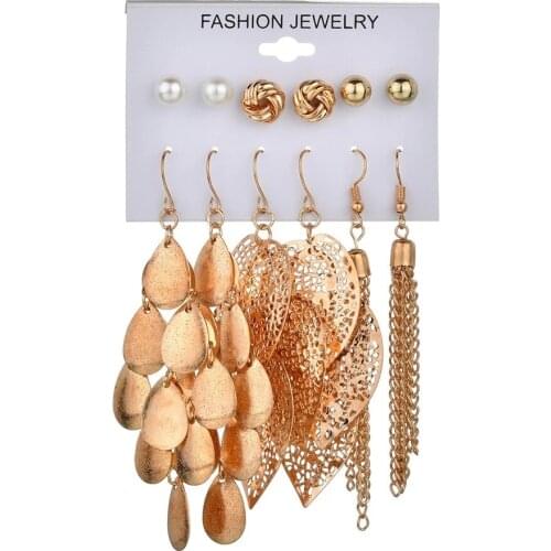 6 Pairs / sets of New Pearl Round Spherical Leaves Hanging Earrings Bohemian Gold Metal Womens Beach Party Jewelry Gift