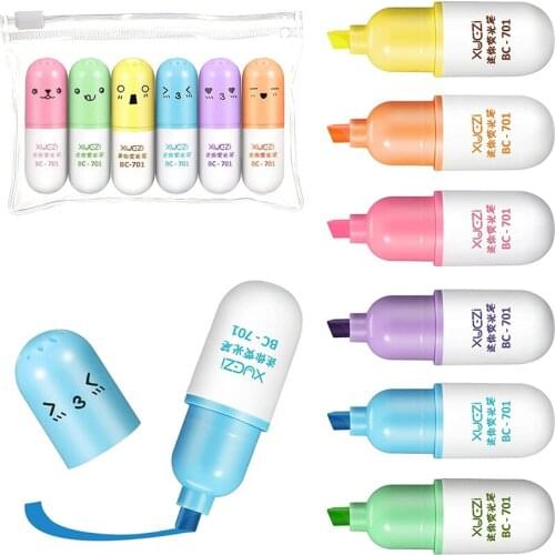 Haile 6Pcs Kawaii Mini Pills Highlighter Pen Cute Funny Smiling Face Fluorescent Marker Pen School Office Art Stationery Supplie