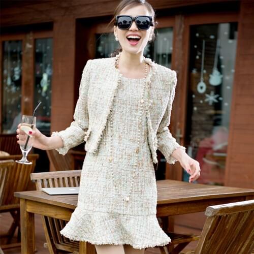 Apricot color tweed jacket +dress sleeveless suit spring / autumn womens jacket fresh striped o-neck ladies 2 pieces skirt suit