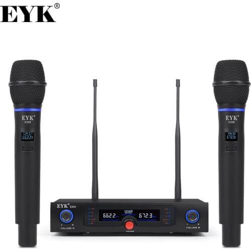 EYK E200 Fixed Frequency UHF Wireless Microphone System Dual Channel Professional Metal Handheld Mic for Karaoke Chruch Party