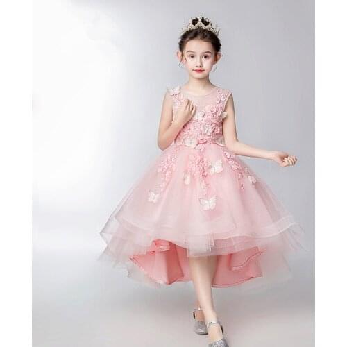 Children Wedding Dresses Girls First Holy Communion Formal Pink Tulle Gown Appliques Lace Princess Party Prom Dresses for Girls