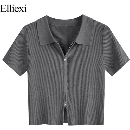 Elliexi T Shirt Women Zipper Ribbed Crop Tops Solid Zip Short Sleeve Turn Down Collar Sexy Open Stitch Knitted Tunic Stylish Tee