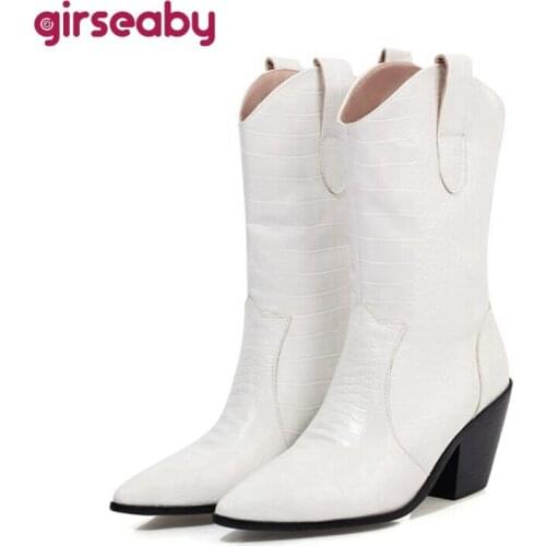 Girseaby Winter Warm Mid-Calf Boots Pointed Toe 7cm Chunky Heels PU Slip-on Solid Big Size 34-48 Yellow Red Black Daily C2061