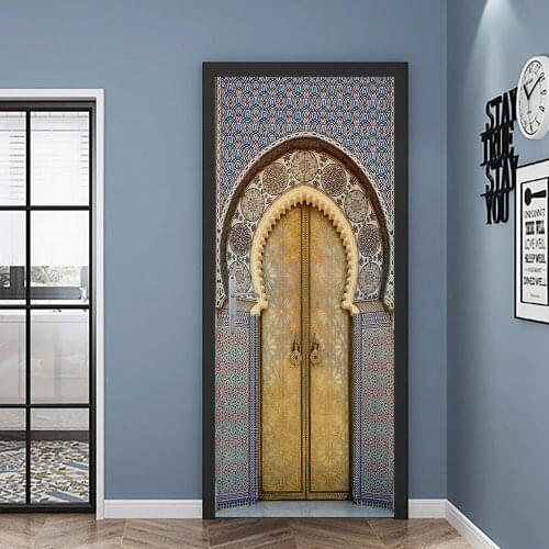 Muslim Style Simulation Golden Door DIY Door Art Mural Sticker Bedroom Living Room Decorative Paintings Peel & Stick Wallpaper