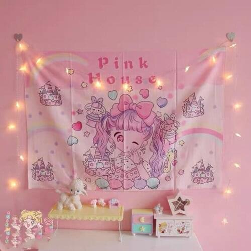Ins Pink Creative Cartoon Printing Background Cloth Decorative Wall Cloth Dormitory Bedroom Bedside Kawaii Hanging Cloth