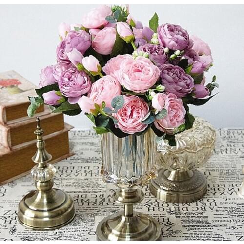 30cm Silk Rose Peony Artificial Flowers Bouquet 5 Big Heads 4 Small Buds Fake Faux Flowers Home Bride Wedding Party Decoration