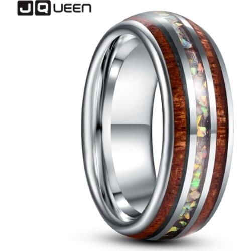 JQUEEN 8mm Inlaid Wood Grain Opal Steel Dome Tungsten Carbide Ring Mens Fashion Wedding Jewelry Best Gift